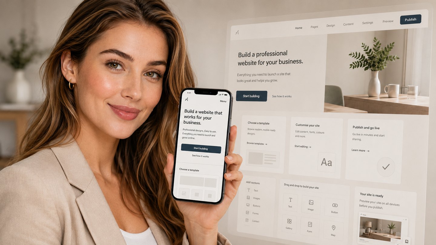A business owner viewing a professional small-business website on a phone