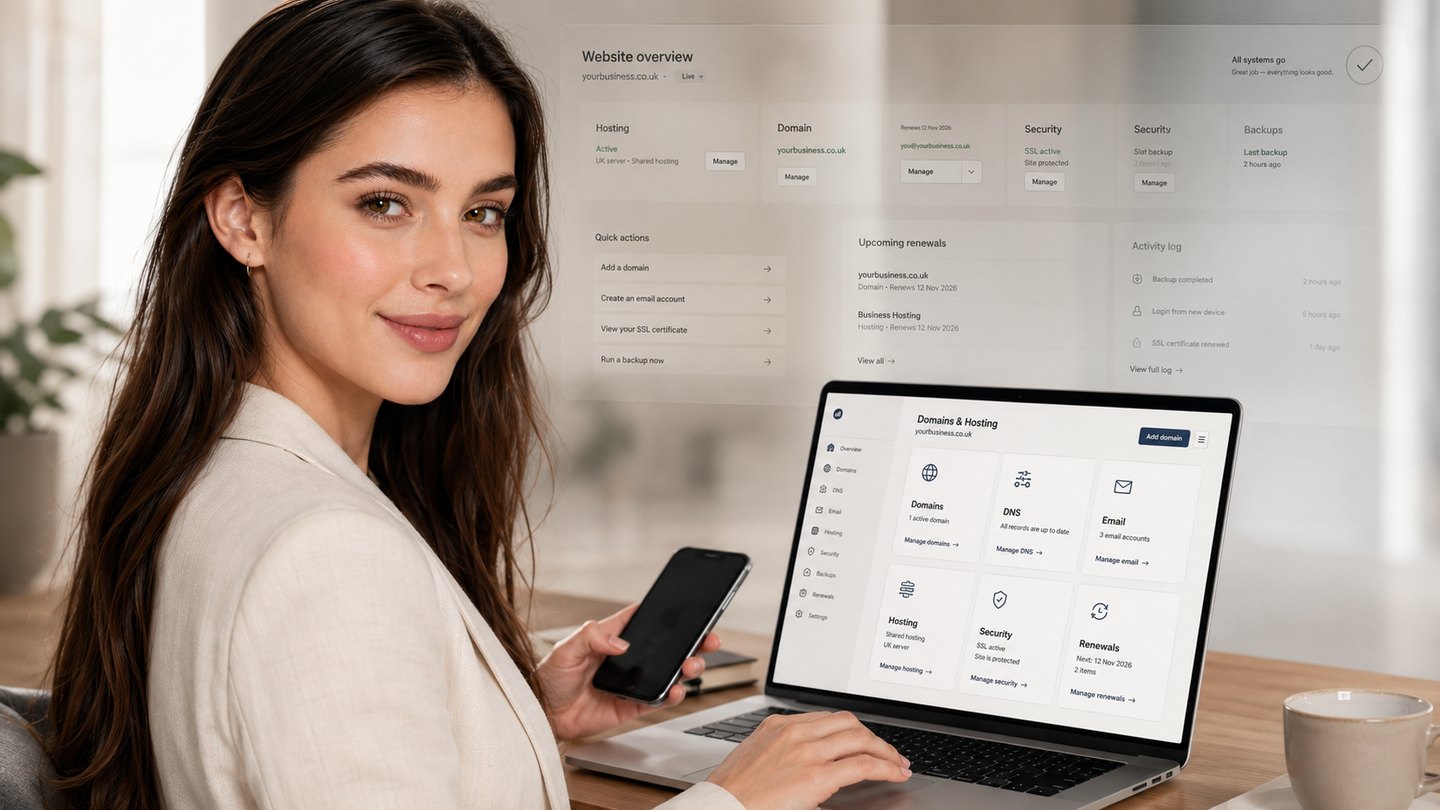 A business owner managing domains, DNS, email and hosting from a clear dashboard