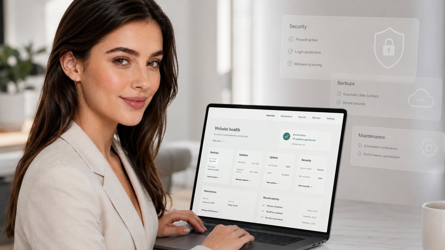 A business owner checking website backups, maintenance and security status