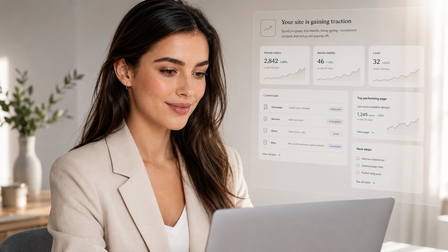 A business owner reviewing website visibility, content and enquiry performance