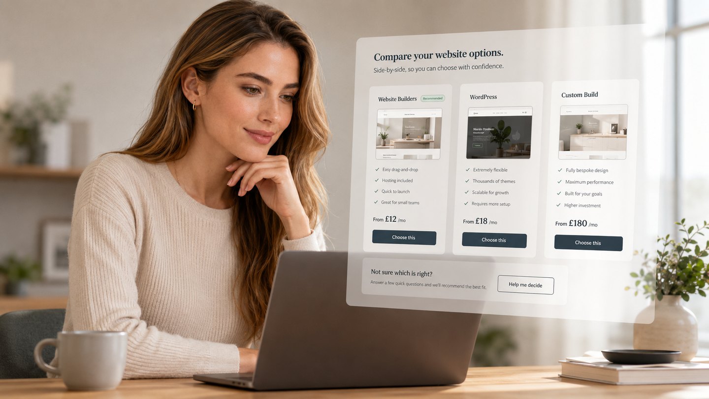 A business owner comparing website builders, WordPress and custom website options